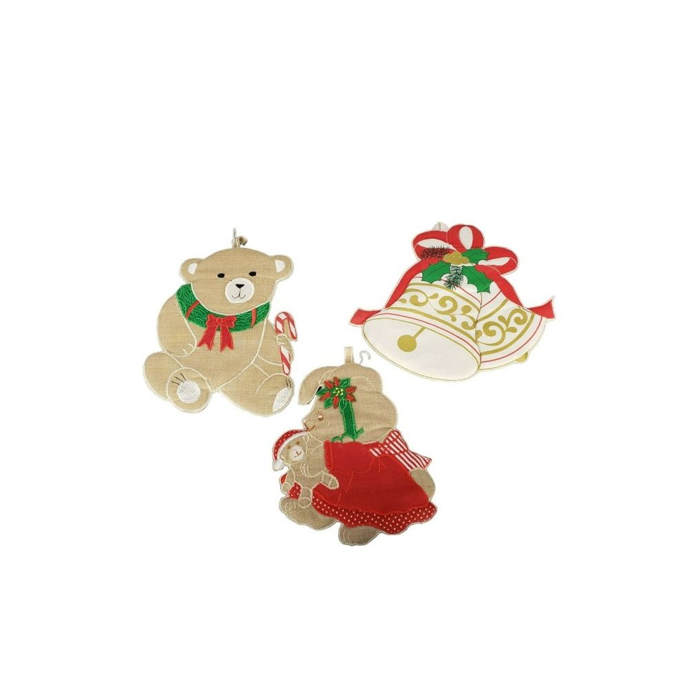 Vtg Set Of 3 Kitchen Mitts Christmas Ornaments Including Bear Bells And Bunny